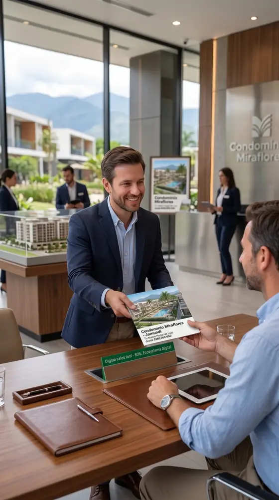 A sales rep assists a buyer at a project sales office