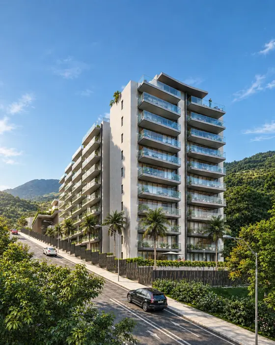 Rendering of a residential building surrounded by mountains